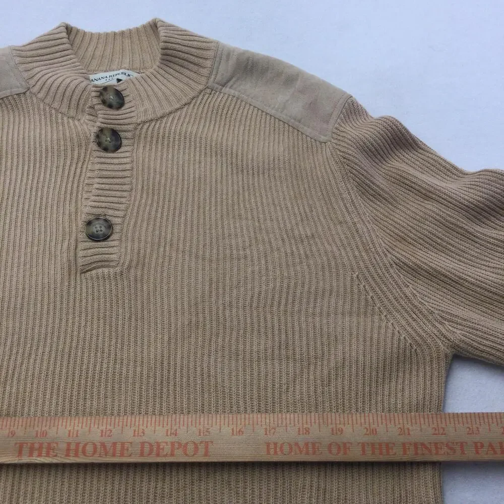 Banana Republic Sweater Mens 2XL Beige Henley Mock Neck Suede Elbow Patches Knit